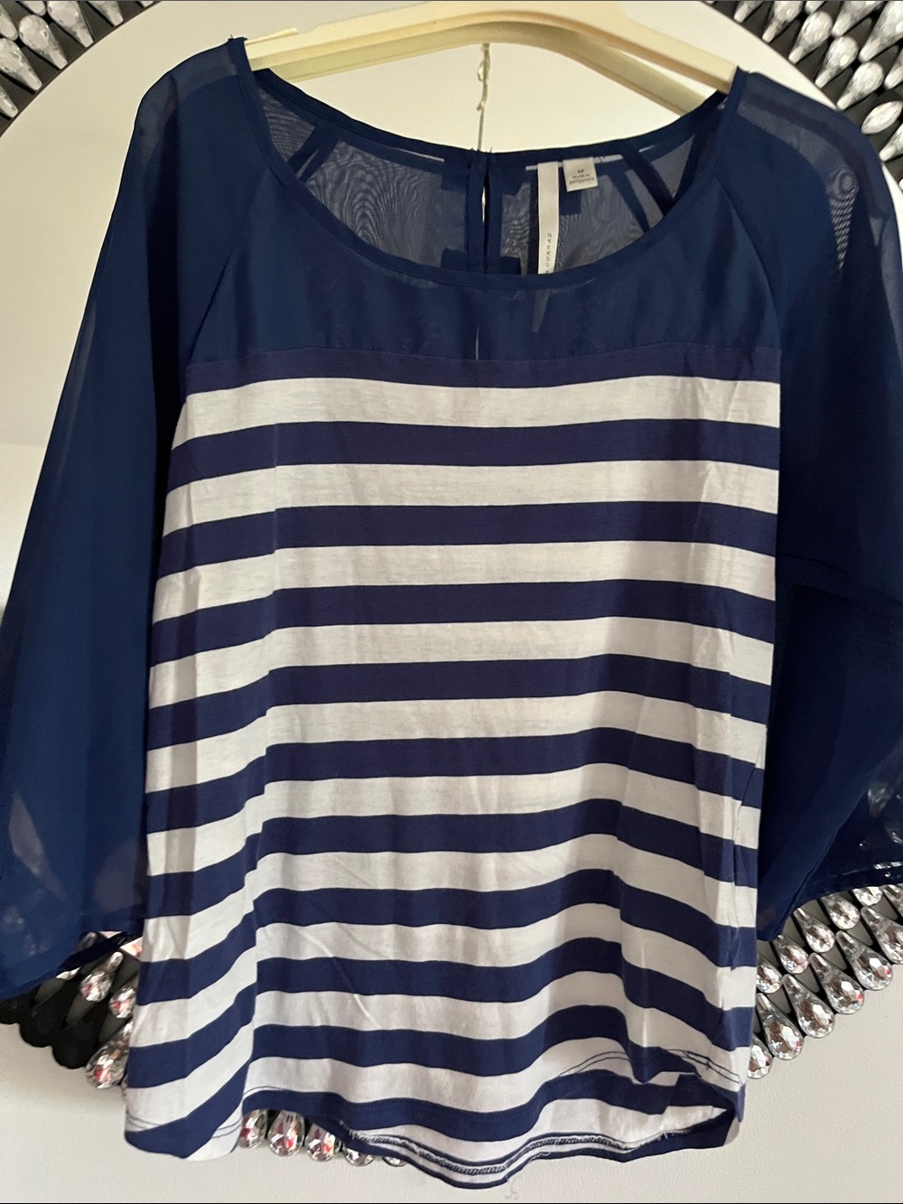 Laura Conrad Navy & White Striped Sheer Sleeve Top